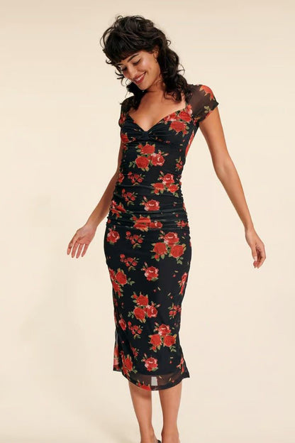 Floral Mesh Sweetheart Neck Midi Dress