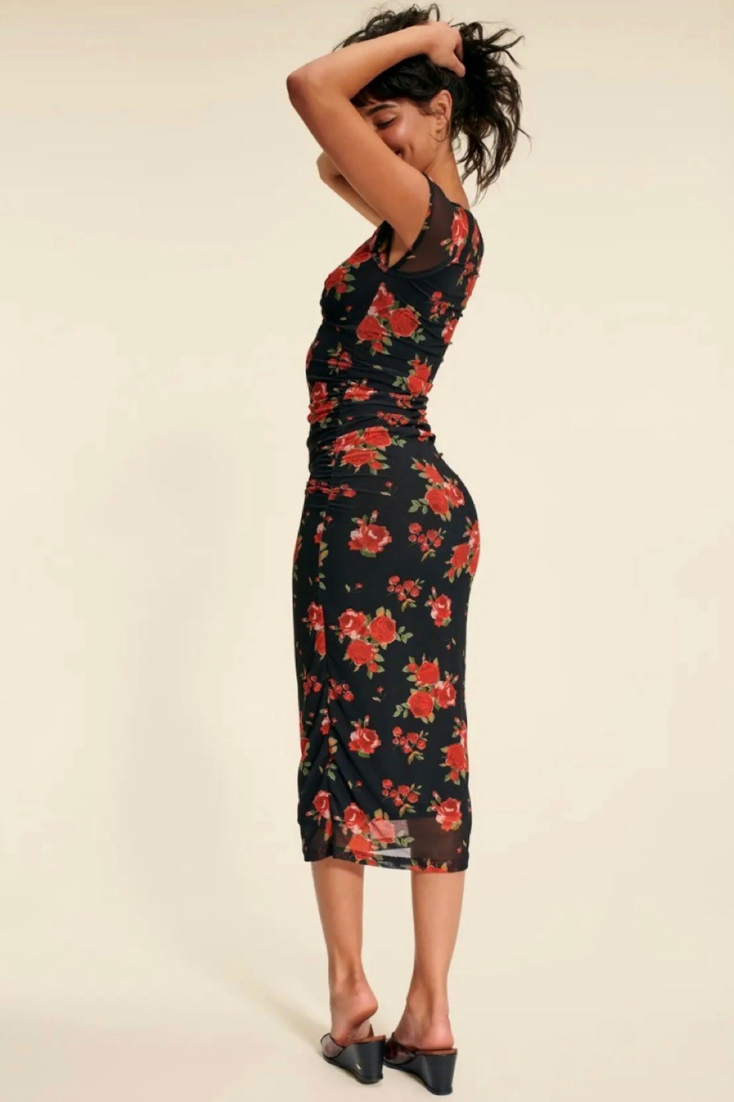 Floral Mesh Sweetheart Neck Midi Dress