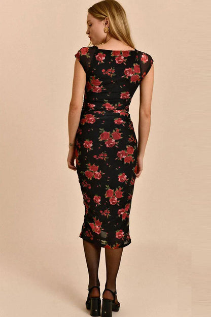 Floral Mesh Sweetheart Neck Midi Dress
