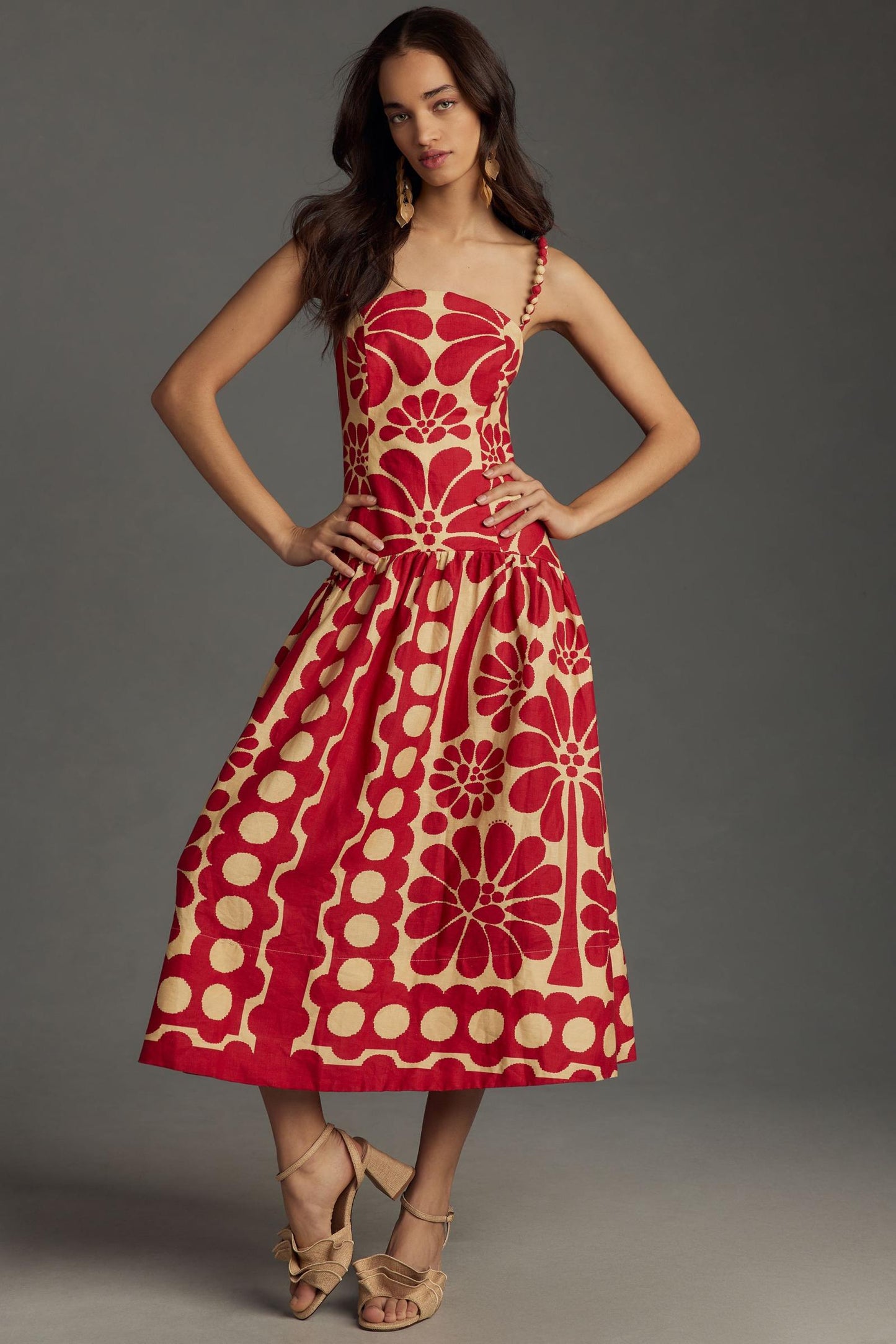 Abstract Print Polka Dot Sleeveless Frill Midi Dress