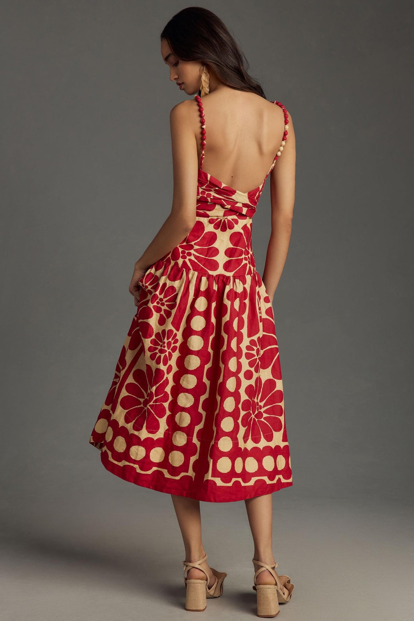 Abstract Print Polka Dot Sleeveless Frill Midi Dress