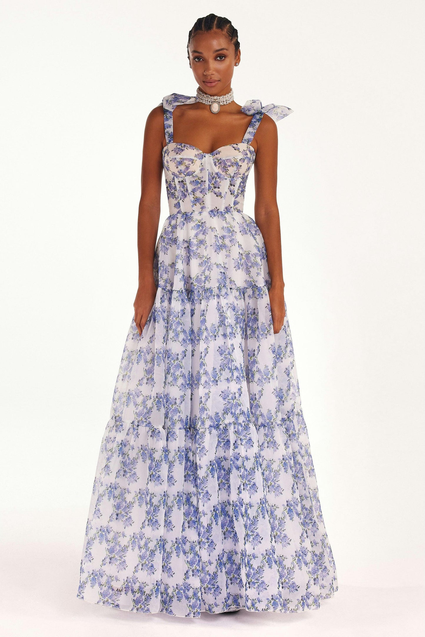 Floral Sweetheart Neck Frill Maxi Dress