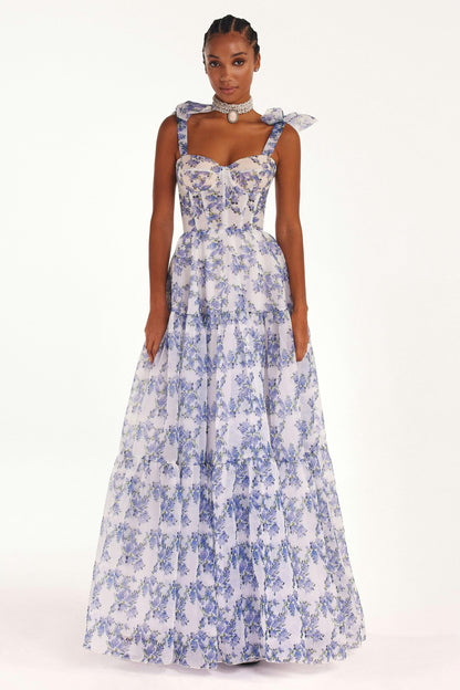 Floral Sweetheart Neck Frill Maxi Dress
