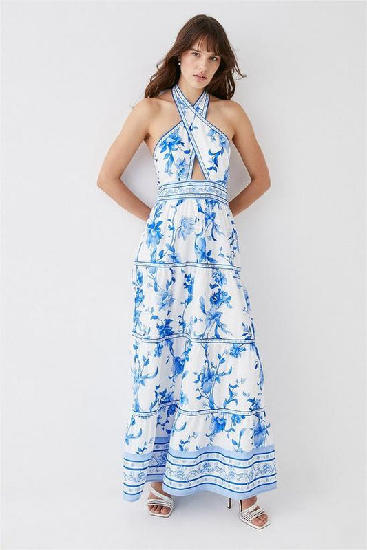 Botanical Print Halter Neck Sleeveless Maxi Dress