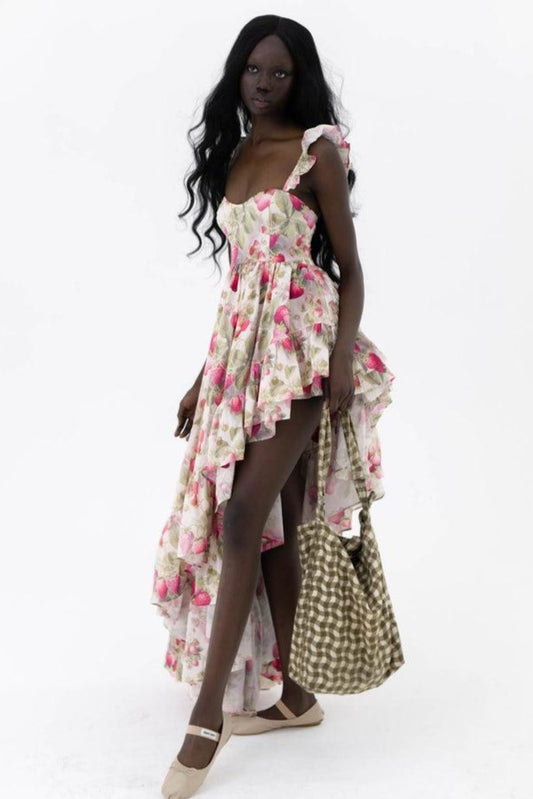 Floral Sweetheart Neck Frill Midi Dress