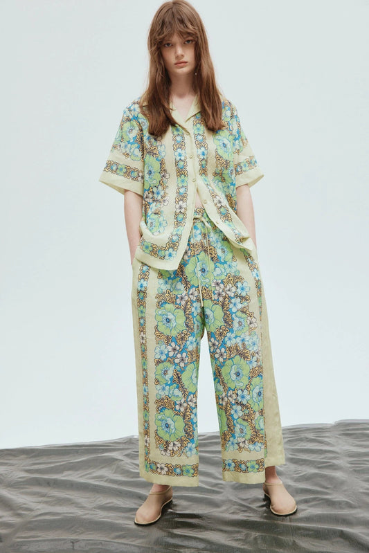 Floral Shirt Collar Mid Sleeve Top & High Waist Wide-Legged Pants Set
