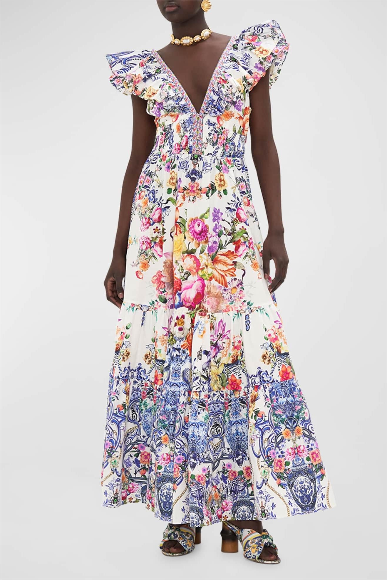 Floral Frill V-Neck Sleeveless Smocking Maxi Dress