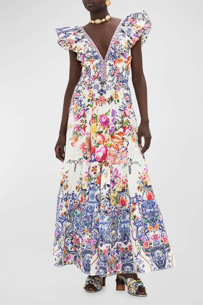 Floral Frill V-Neck Sleeveless Smocking Maxi Dress