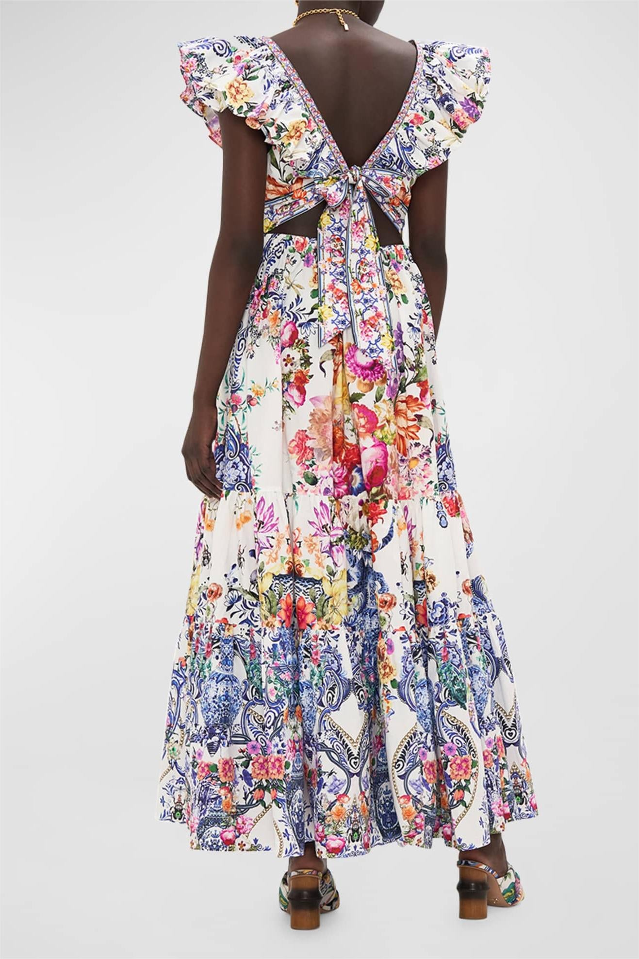 Floral Frill V-Neck Sleeveless Smocking Maxi Dress