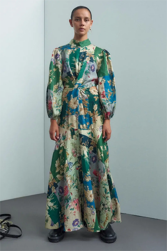 Floral Lace-Up Lantern Sleeve Midi Dress