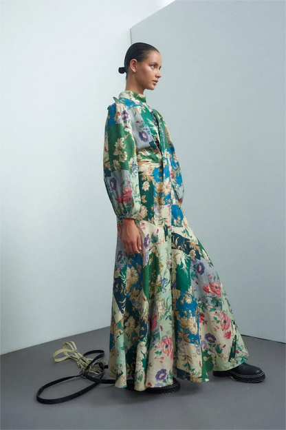 Floral Lace-Up Lantern Sleeve Midi Dress