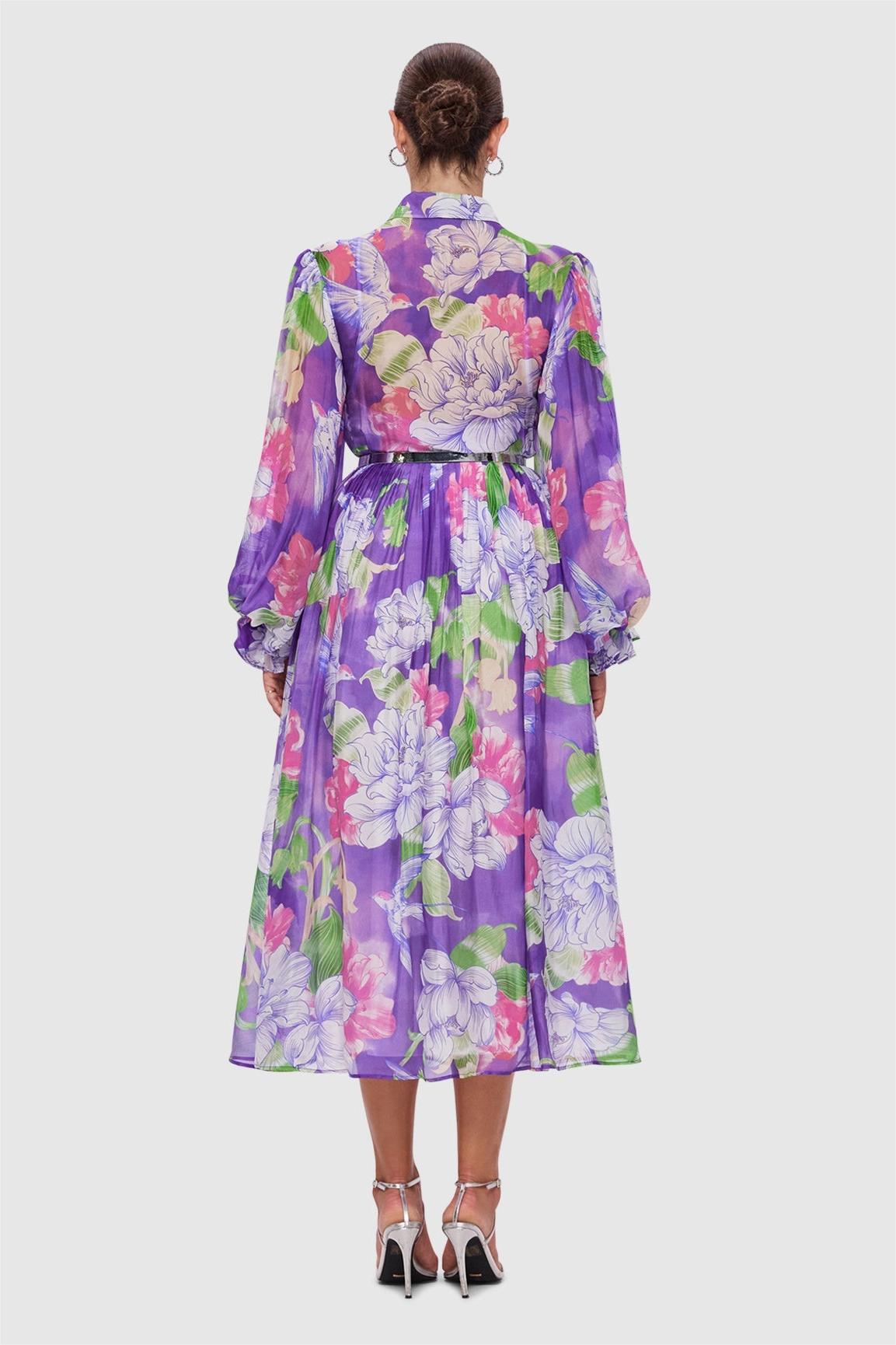 Floral Lantern Sleeve Lace-Up Midi Dress