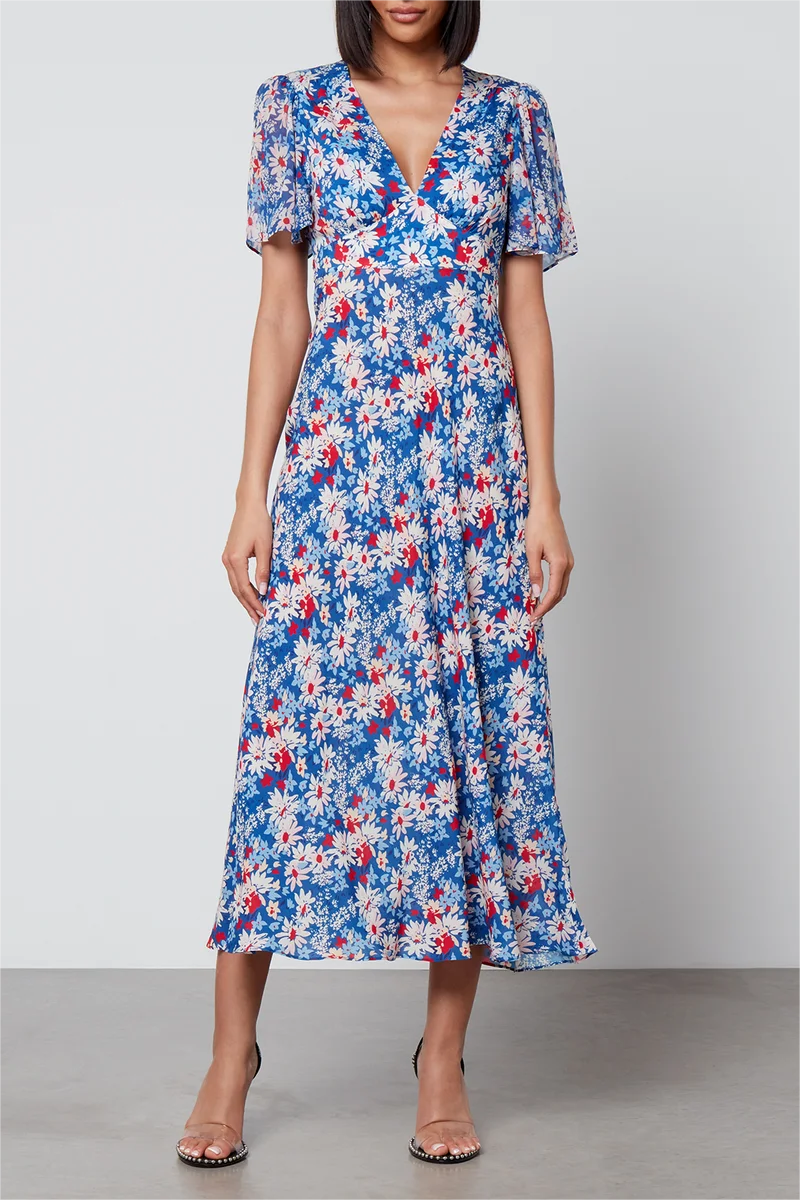 Floral V-Neck Lace Up Midi Dress