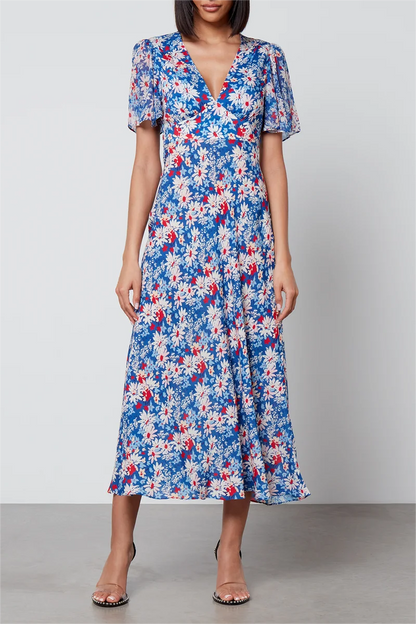 Floral V-Neck Lace Up Midi Dress