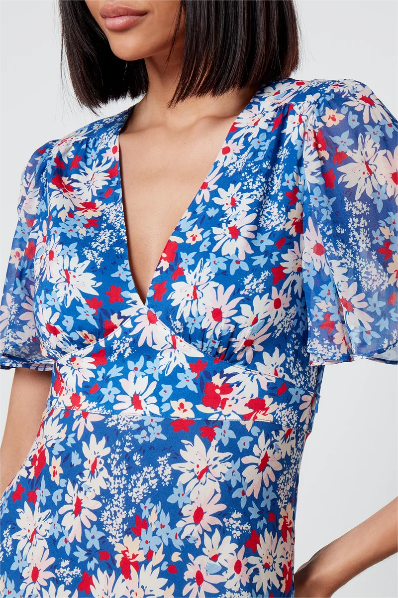 Floral V-Neck Lace Up Midi Dress