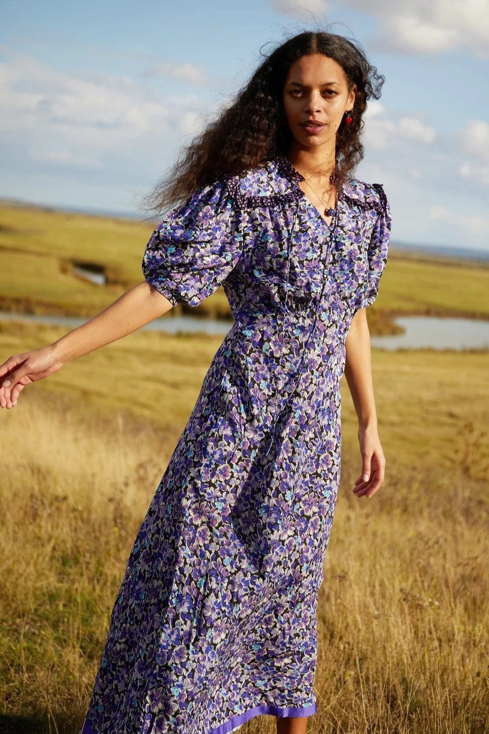 Floral Puff Sleeve Lace Up Frill Midi Dress