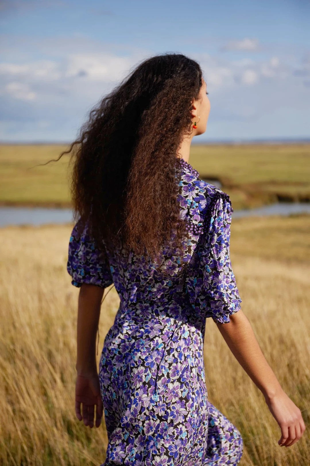 Floral Puff Sleeve Lace Up Frill Midi Dress