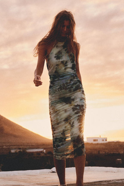 Mesh Printed Backless Midi Dress