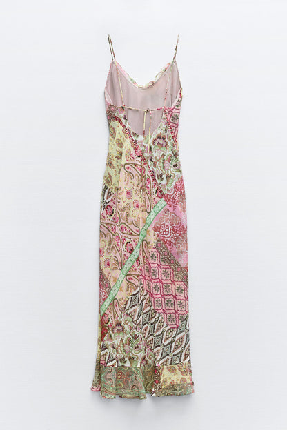 Floral Patchwork Print Lace Up Silp Dress