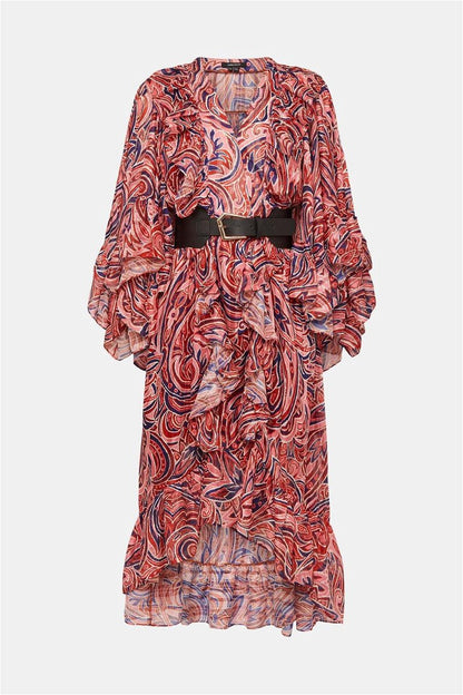 Abstract Print V-Neck Frill Midi Dress