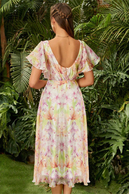 Floral V-Neck Backless Midi Dress