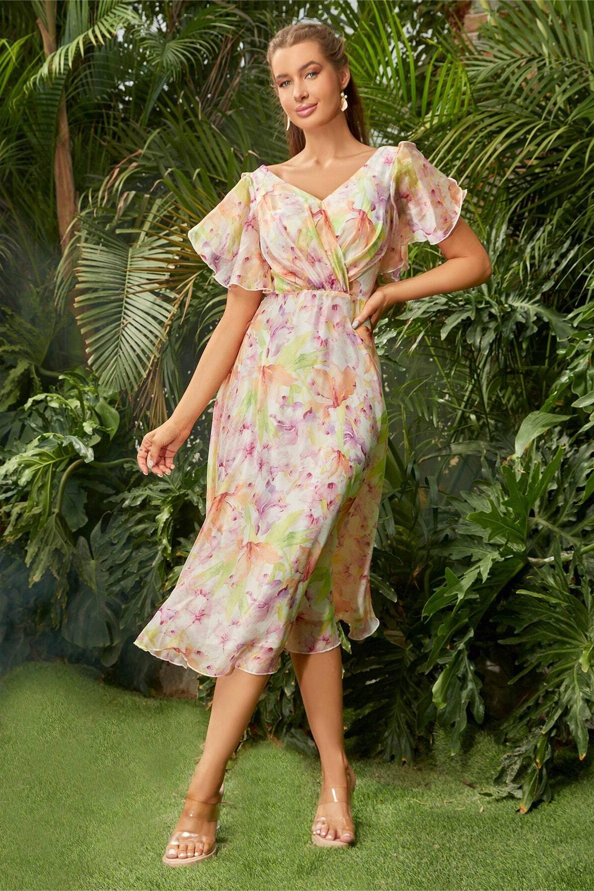 Floral V-Neck Backless Midi Dress