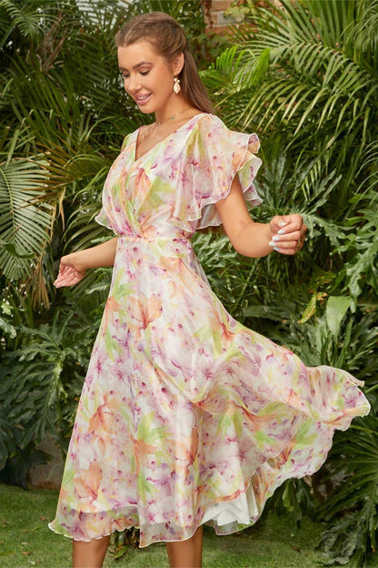 Floral V-Neck Backless Midi Dress