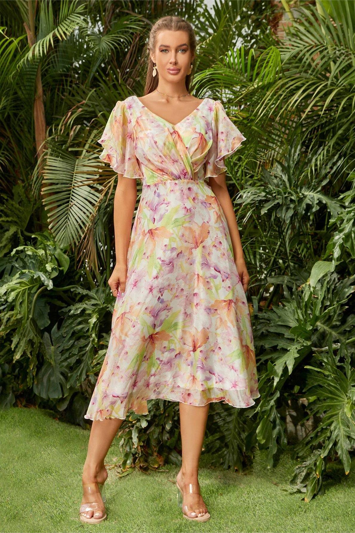 Floral V-Neck Backless Midi Dress