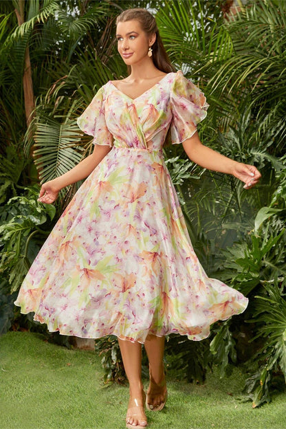 Floral V-Neck Backless Midi Dress