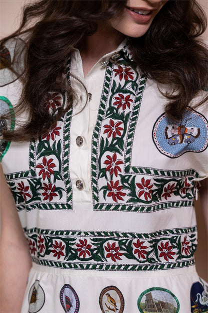 Botanical Print Shirt Collar Button Midi Dress