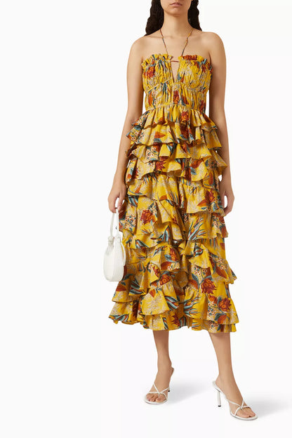 Botanical Print Ruffle Sleeveless Midi Dress