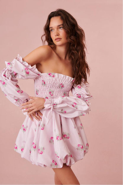 Floral Smocking Lace Up Mini Dress