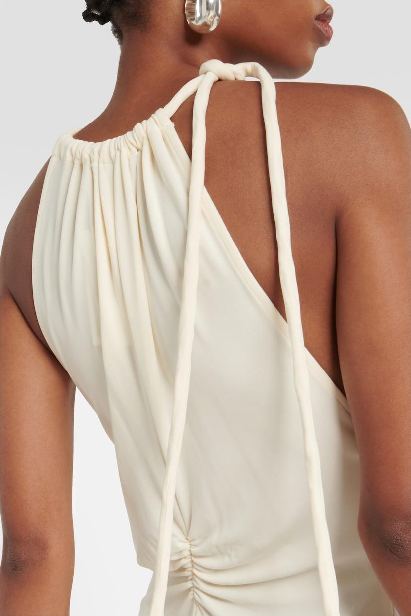 Knit Solid Shirring Lace Up Maxi Dress