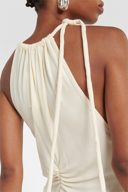 Knit Solid Shirring Lace Up Maxi Dress