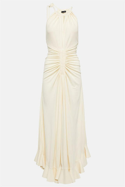 Knit Solid Shirring Lace Up Maxi Dress