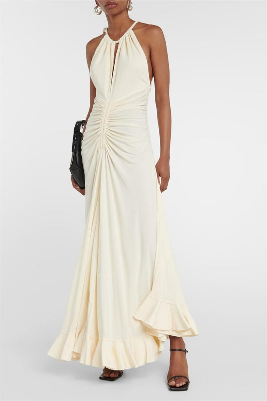 Knit Solid Shirring Lace Up Maxi Dress