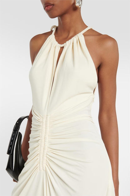 Knit Solid Shirring Lace Up Maxi Dress