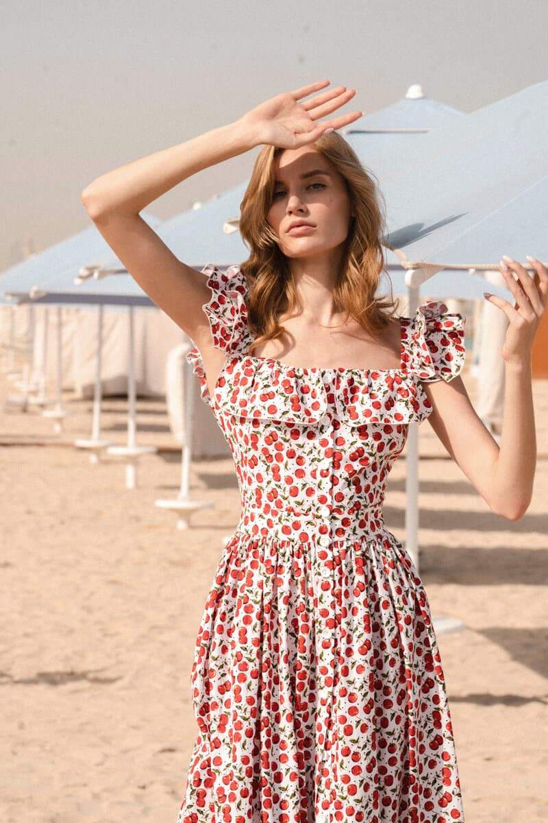 Floral Frill Square Collar Midi Dress