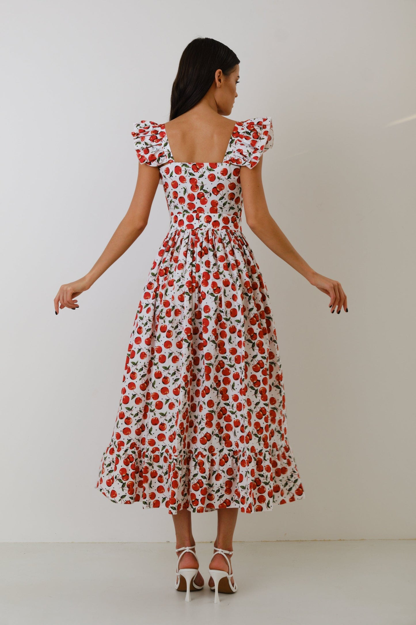 Floral Frill Square Collar Midi Dress