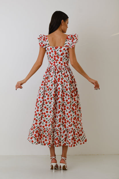 Floral Frill Square Collar Midi Dress