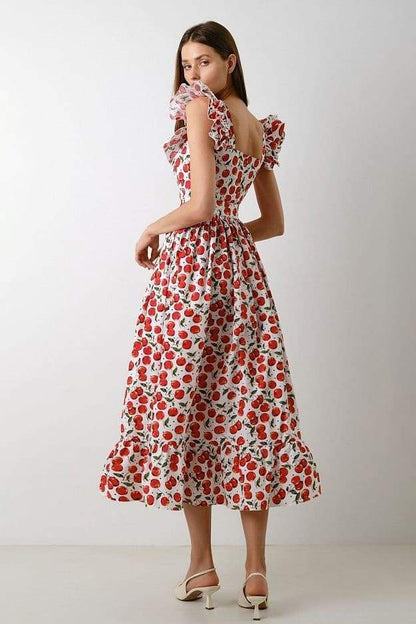 Floral Frill Square Collar Midi Dress