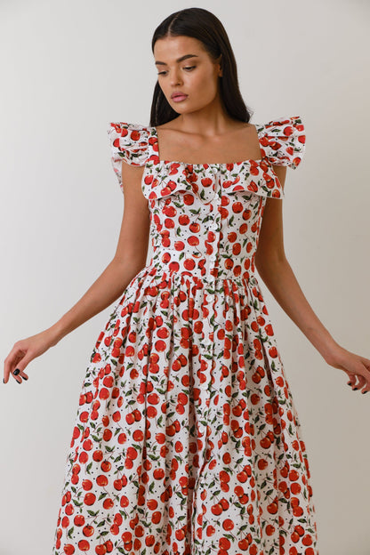 Floral Frill Square Collar Midi Dress