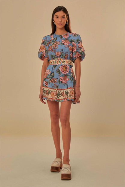 Floral Puff Sleeve Mini Dress With Belt