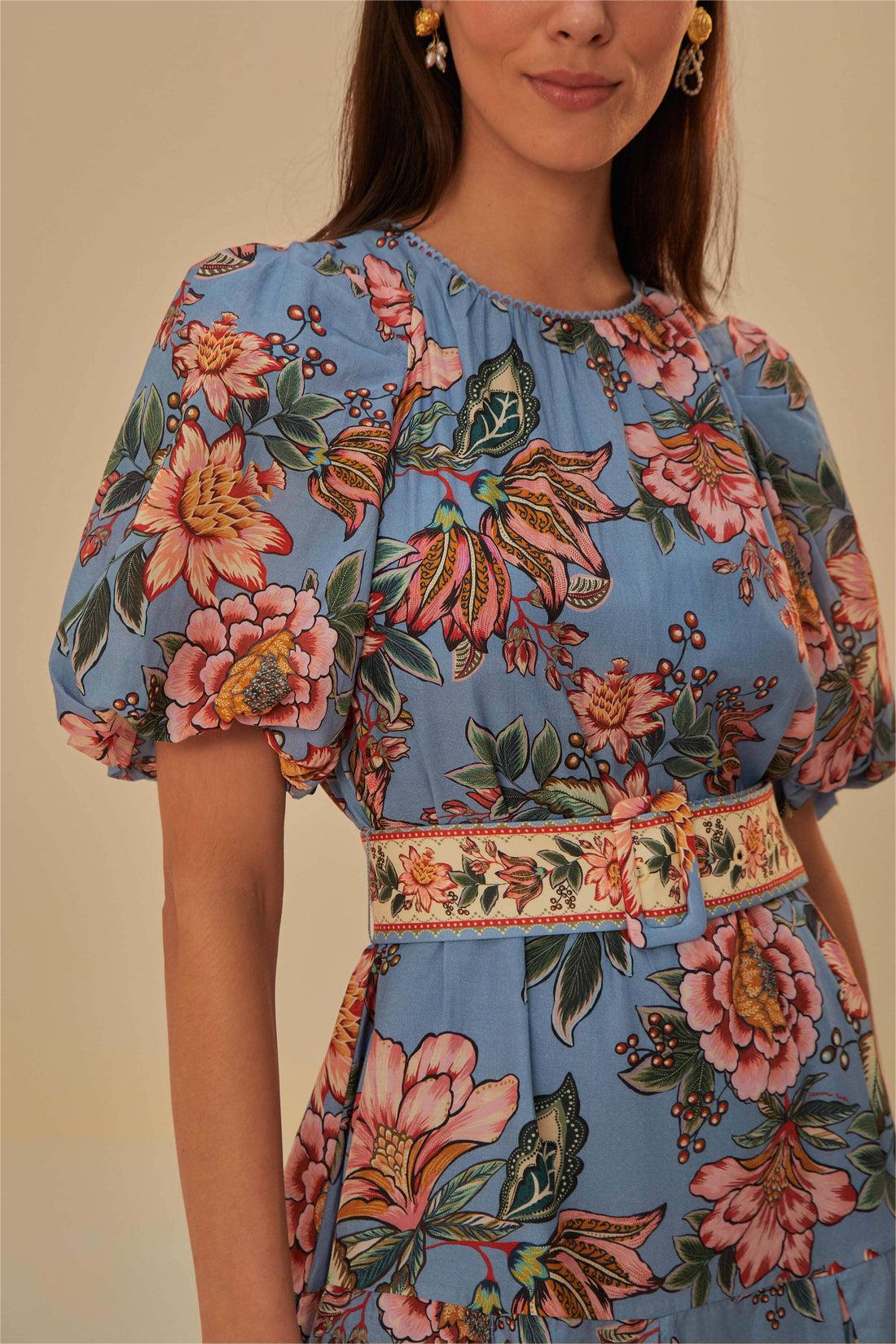 Floral Puff Sleeve Mini Dress With Belt