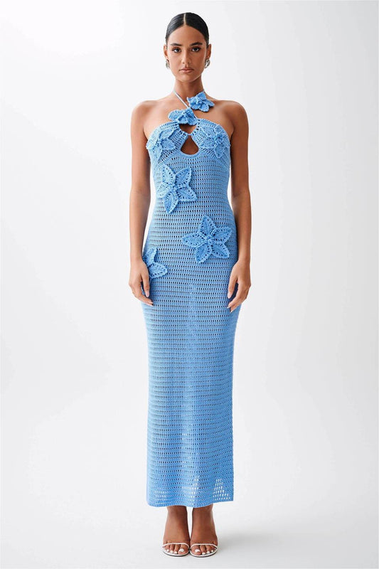 Knit 3D Floral Solid Midi Dress