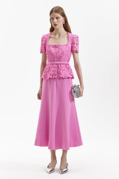 Lace Square Neck Midi Dress With Belt