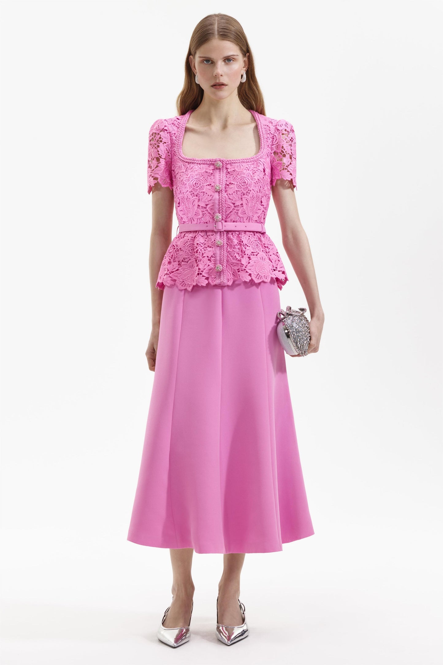 Lace Square Neck Midi Dress With Belt