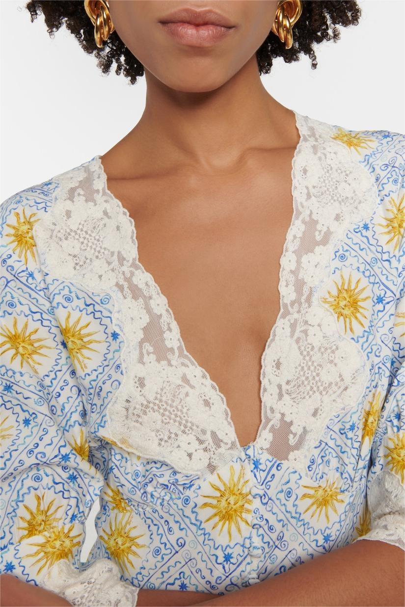 Abstract Print Lace V-Neck Midi Dress