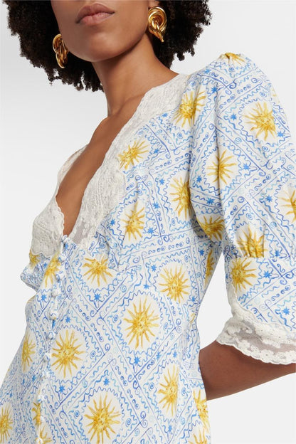 Abstract Print Lace V-Neck Midi Dress