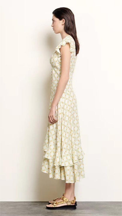 Floral Jacquard V-Neck Ruffle Midi Dress